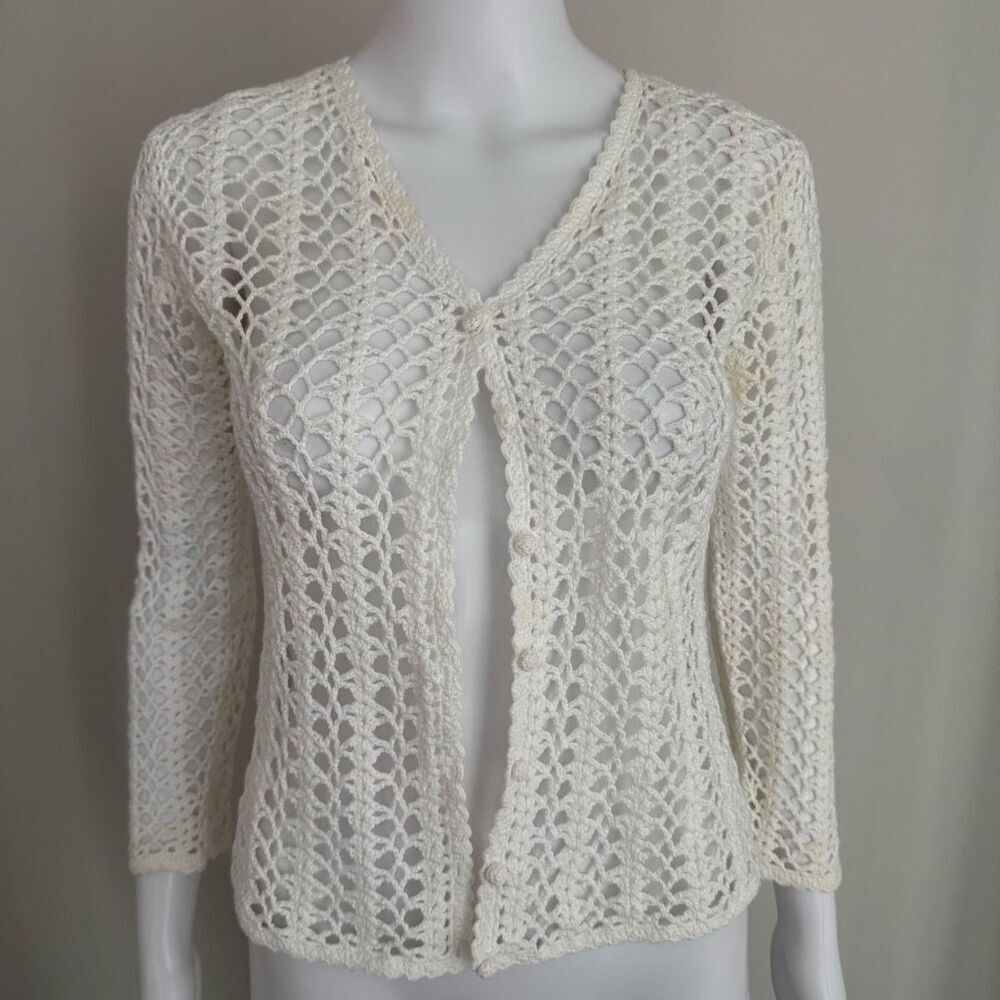 Vintage Casual Corner Cottage Core Crotchet Cotton Knit Cardigan Sweater